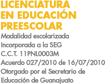 LICENCIATURA EN EDUCACIÓN PREESCOLAR
Incorporadas a la SEG, Acuerdos 028/2010